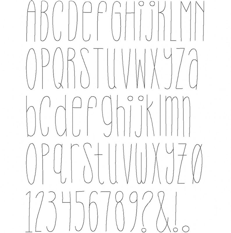 May include: A font alphabet with uppercase and lowercase letters, numbers, and punctuation marks. The font is a simple, handwritten style with rounded edges.
