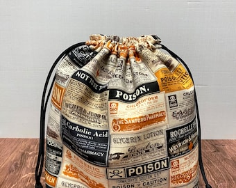 Bolsa para proyectos de Halloween - Hecha a mano - Bolsa con cordón - Bolsa de ganchillo - Bolsa para punto de cruz - Bolsa para juguetes - Bolsa de bingo - Calavera - Gótica - Veneno