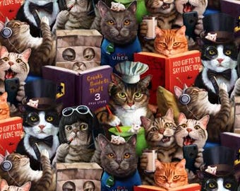 Elizabeths Studio Cat Fabric - Cat's Meow Packed Cats - Cat's Meow by Lucia Heffernan Collection - #41005E-MULTI - Cotton Fabric - 1 Yard