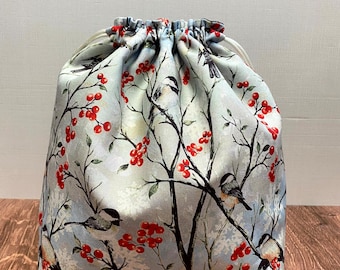 Bolsa para proyectos de aves - Hecha a mano - Bolsa con cordón - Bolsa para tejer - Bolsa de ganchillo - Bolsa para juguetes - Bolsa para bingo - Bolsa para punto de cruz - Aves - Invierno
