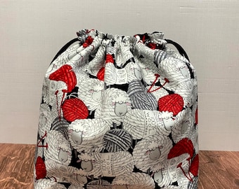 Bolsa para proyectos de ovejas - Hecha a mano - Bolsa con cordón - Bolsa para tejer - Bolsa de ganchillo - Bolsa para punto de cruz - Bolsa para juguetes - Bolsa para bingo - Ovejas - Ovillos de lana