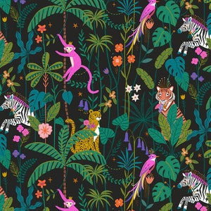 May include: A colourful repeating pattern depicting a jungle scene on a black background. Pink monkeys, zebras, a leopard, and a tiger are set amongst lush green foliage, vibrant flowers, and birds. The design has a whimsical, illustrated style.