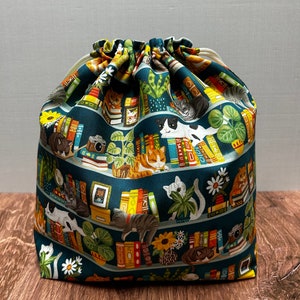 Cat Project Bag - Drawstring Bag – Knitting Bag – Crochet Bag - Cross Stitch Bag - Bingo Bag - Bookshelf Cat - Books