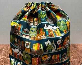 Cat Project Bag - Drawstring Bag – Knitting Bag – Crochet Bag - Cross Stitch Bag - Bingo Bag - Bookshelf Cat - Books