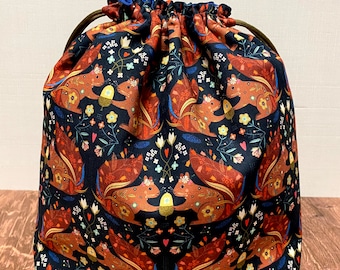 Bolsa para proyectos de ardilla - Hecha a mano - Bolsa con cordón - Bolsa para tejer - Bolsa de ganchillo - Bolsa para juguetes - Bolsa para bingo - Bolsa para punto de cruz - Bosque