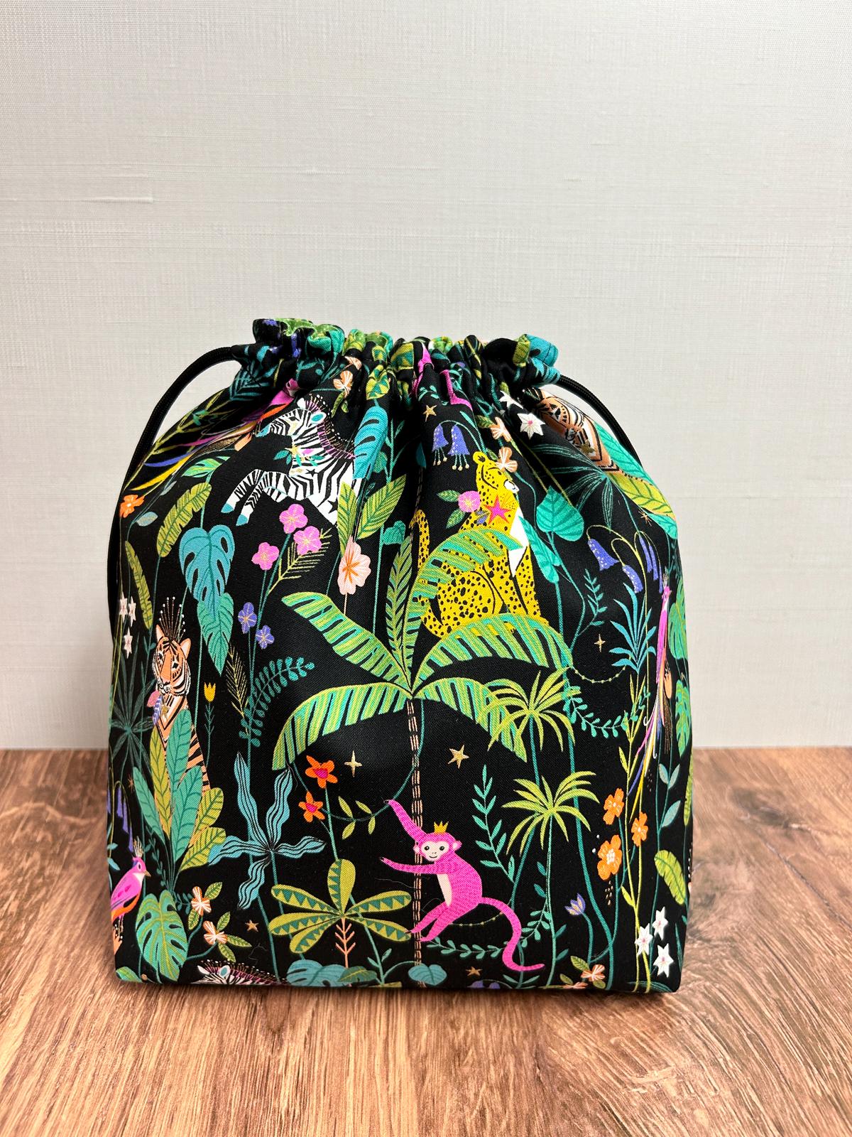 Jungle Project Bag - Drawstring Bag – Knitting Bag – Crochet Bag - Toy Sack - Cross Stitch Bag - Tiger - Monkey - Zebra - Bird - Leopard