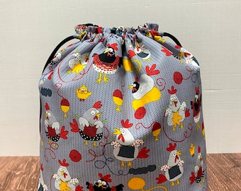 Bolsa para proyectos de pollo - Hecha a mano - Bolsa con cordón - Bolsa para tejer - Bolsa para crochet - Bolsa para punto de cruz - Saco para juguetes - Bolsa para bingo - Ovillos de lana