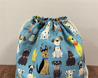 Bolsa para proyectos de perros - Hecha a mano - Bolsa con cordón - Bolsa para tejer - Bolsa de ganchillo - Bolsa para punto de cruz - Bolsa para juguetes - Perros - Bolsa de Lego - Carlino - Pastor