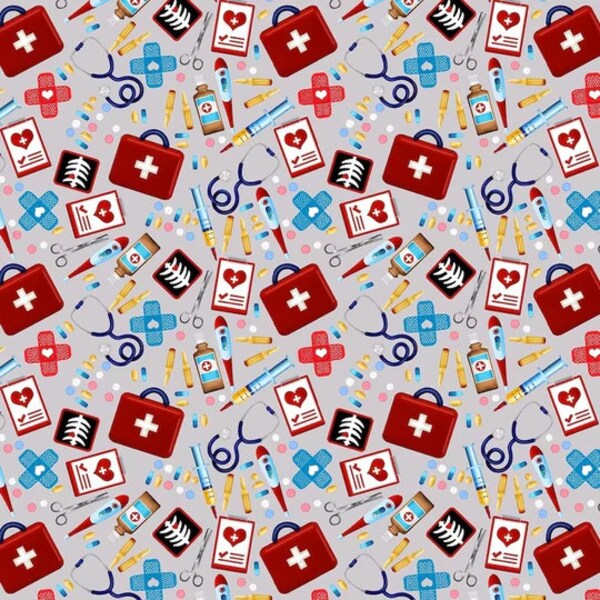 Big Hugs Tossed Allover Fabric - First Aid Kit Gray - HG9322-90 - Cotton Fabric - 1 Yard