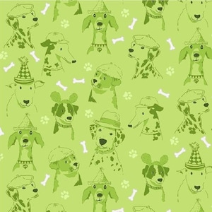 Michael Miller Dogs Wearing Various Hats on Green Fabric - Canine Expressions  - CX8832 - Green - Cotton Fabric by the Yard - 1 Yard