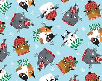Benartex Cat Fabric -Meowy Christmas by Terry Runyan - Light Turquoise Cat Christmas Toss - #16234B-80 - Cotton Fabric - 1 Yard