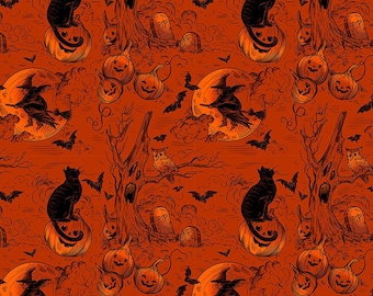 Free Spirit Halloween Fabric - Haunted Toile - Orange - Costumes & Cobwebs by Club Hauer - #PWRH125.ORANGE - Cotton Fabric - 1 Yard