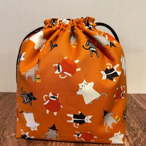 Halloween Cat Project Bag - Drawstring Bag – Knitting Bag – Crochet Bag - Cross Stitch Bag - Craft Bag