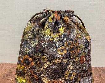 Bolsa para proyectos florales - Bolsa con cordón - Bolsa para tejer - Bolsa de ganchillo - Bolsa para juguetes - Bolsa para punto de cruz - Girasol - Floral