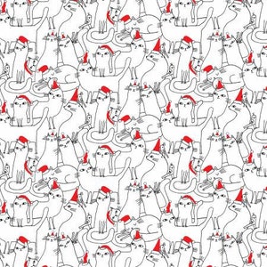 Benartex Cat Fabric -Meowy Christmas by Terry Runyan - White Cats in Hats - #16233-09 - Cotton Fabric - 1 Yard
