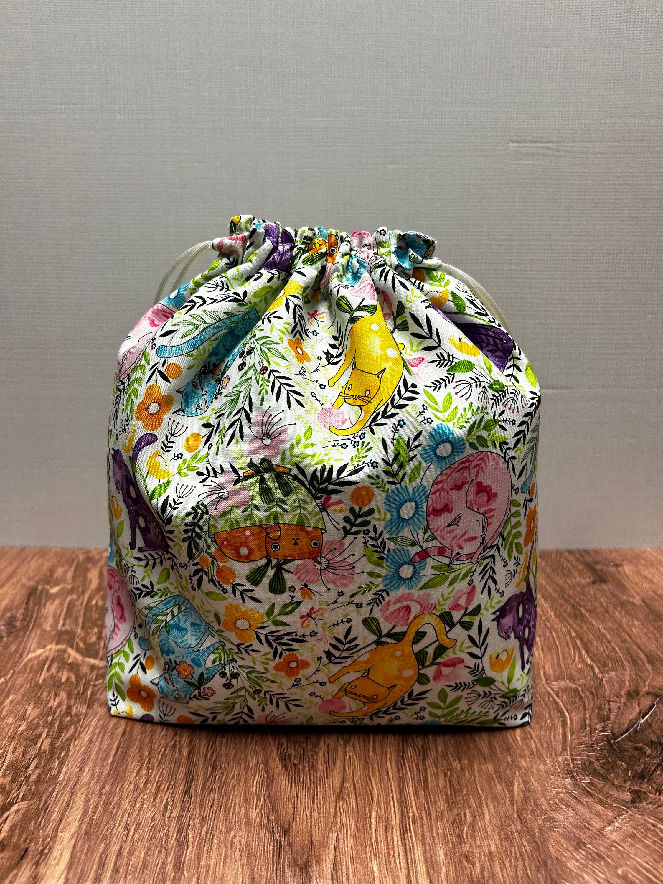 Cat Project Bag - Drawstring Bag – Knitting Bag – Crochet Bag - Cross Stitch Bag - Bingo Bag - Craft Bag - Floral - Gift