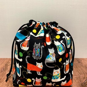 Cat Project Bag - Handmade - Drawstring Bag – Knitting Bag – Crochet Bag - Cross Stitch Bag - Toy Sack - Bingo Bag - Cats - Yarn Balls