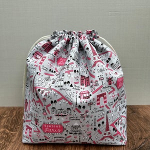 Paris Project Bag - Drawstring Bag – Knitting Bag – Crochet Bag - Toy Sack - Bingo Bag – Cross Stitch Bag - France - Bonjour - Eiffel Tower