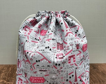 Bolsa para proyectos de París - Bolsa con cordón - Bolsa para tejer - Bolsa de ganchillo - Bolsa para juguetes - Bolsa para bingo - Bolsa para punto de cruz - Francia - Bonjour - Torre Eiffel