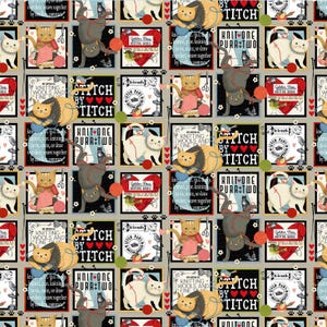 May include: A repeating pattern featuring various cat illustrations engaged in knitting and crafting activities. The design includes text elements such as "Stitch by Titch" and "Knit One Purr Two", along with hearts and paw prints.