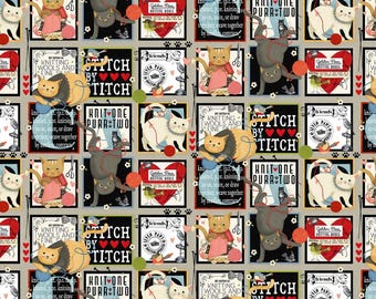 Studio E Cat Fabric - Knit 1 Purr 2 by Lori Nawyn - Black Patch 8 inch Repeat - #8475S-99  - Cotton Fabric - 1 Yard
