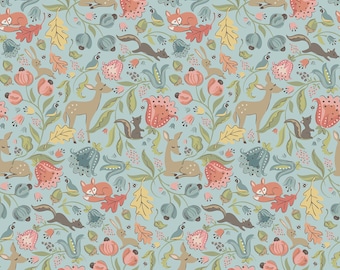 Poppie Cotton Woodland Fabric - Lt Teal Deer Meadow - Wildwood by Sheri McCulley Collection - #WW25101 - Cotton - 1 Yard