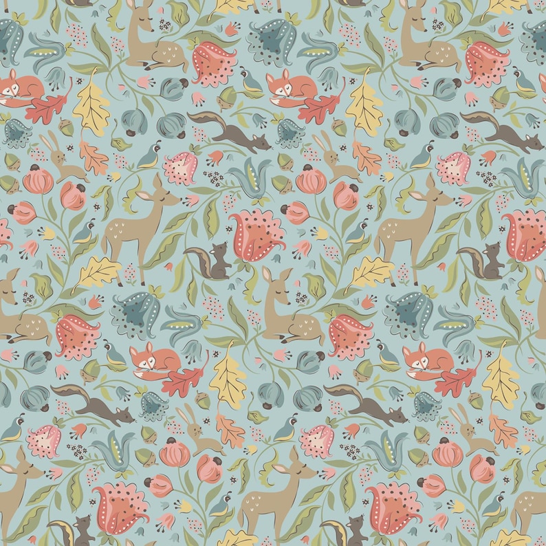 May include: A seamless pattern featuring a whimsical woodland scene with deer, foxes, squirrels, birds, and flowers on a light blue background.