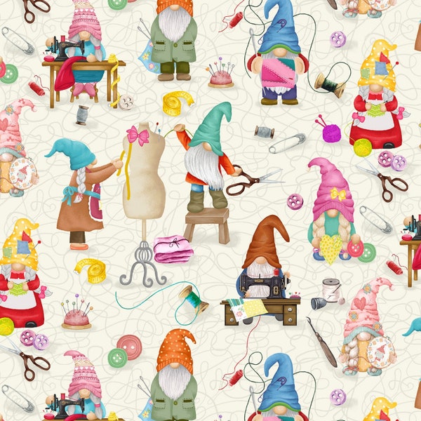 Timeless Treasures Cream Sewing Gnomes Fabric - Sew Many Gnomes - CD2484 - Cream - Cotton Fabric - 1 Yard