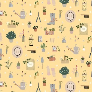 May include: A yellow background with a repeating pattern of gardening tools, plants, and other gardening supplies.  The pattern includes watering cans, gardening gloves, a rake, a trowel, a lantern, a brush, a pumpkin, lemons, a hat, and a boot.  The text "SOIL" appears on two bags.