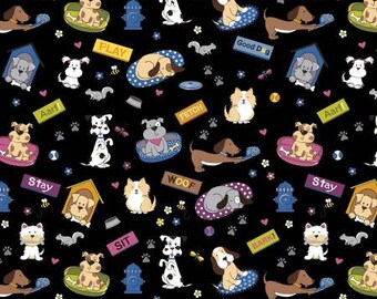 Freckle & Lollie Puppy Playtime Fabric - Bow Wow Meow Collection - FLBWM-D27-Z - Black - Dog - Cat - Cotton -  Fabric by the Yard - 1 Yard