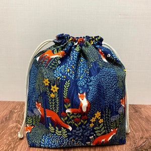 Fox Project Bag - Handmade - Drawstring Bag – Knitting Bag – Crochet Bag - Yarn Tote - Toy Sack - Cross Stitch Bag - Foxes - Floral (BLUE)