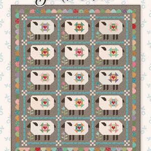 May include: A patchwork quilt featuring a repeating pattern of sheep with heart-shaped designs. The quilt has a gray background with a teal border and colorful accents. The text "Gentle Flock" is at the top.