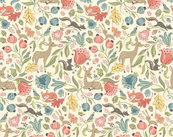 Poppie Cotton Woodland Fabric - Cream Deer Meadow - Wildwood by Sheri McCulley Collection - #WW25100 - Cotton - 1 Yard