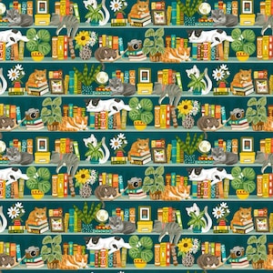 Timeless Treasures Olivia Bookshelf Cats Fabric - Multi Cat - library cats - Cat - Books - Cotton Fabric - 1 Yard