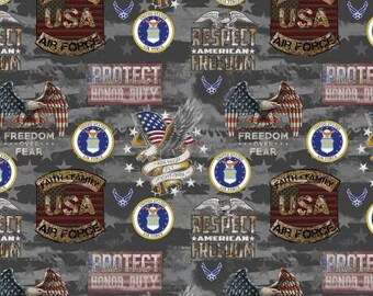 Sykel Enterprises Military Prints Fabric - United States Air Force - Camo Flag - Cotton - 1 Yard - Respect - Freedom - USA - Protect  Eagle