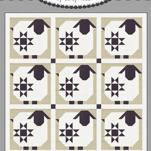 May include: A quilt pattern featuring nine sheep with star-shaped designs. The sheep are white with black heads and legs, set against a beige background. The text "Coriander Quilts" and "#188 Wooly Stars" are also visible.