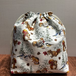 Squirrel Project Bag - Handmade - Drawstring Bag – Knitting Bag – Crochet Bag - Toy Sack - Bingo Bag – Cross Stitch Bag - Woodland - Bird