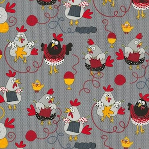 Tela Timeless Treasures con estampado de gallinas tejidas - Gallinas tejidas grises por toda la tela - C5605-GRY - Tela de algodón - 1 yarda
