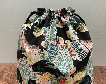Cat Project Bag - Handmade - Drawstring Bag – Knitting Bag – Crochet Bag - Cross Stitch Bag - Toy Sack - Bingo Bag - Black Cat - Floral