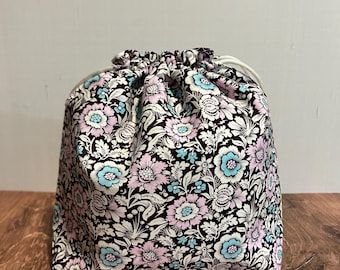 Flower Project Bag - Handmade - Drawstring Bag – Knitting Bag – Crochet Bag - Cross Stitch Bag - Toy Sack - Bingo Bag - Floral