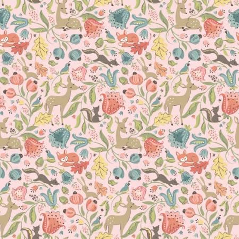 May include: A pink background with a repeating pattern of stylized deer, foxes, squirrels, birds, and flowers. The pattern is in shades of pink, blue, green, yellow, and orange.