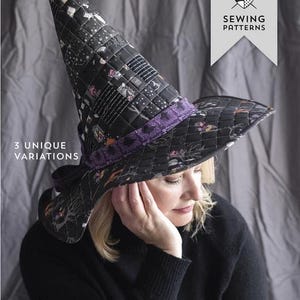 May include: A quilted witch hat sewing pattern. The hat is black with a quilted design and a purple band. The text "the Spellbound Hat" is displayed below the hat. The image also includes the text "3 unique variations" and the Melissa Mortenson Sewing Patterns logo.