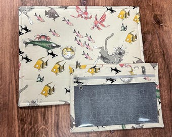 Vinyl Cross Stitch Project Bag - Embroidery Bag - Project Bag - Knitting & Crochet Bag - Ocean Project Bag - Notions - Cat - Fish