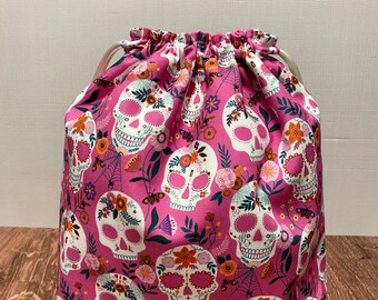 Skull Project Bag - Drawstring Bag - Knitting Bag – Crochet Bag - Toy Sack - Goth - Gothic - Bones - Skull