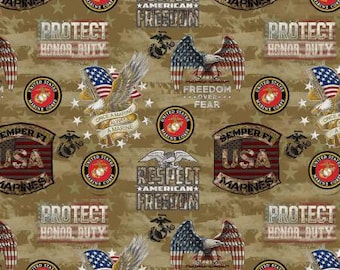 Sykel Enterprises Military Prints Fabric - United States Marines - Camo Flag - Cotton - 1 Yard - Respect - Freedom - USA - Protect  Eagle