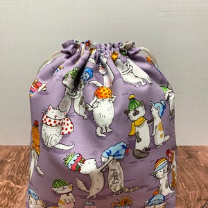 Cat Project Bag - Handmade - Drawstring Bag – Knitting Bag – Crochet Bag - Toy Sack - Bingo Bag – Cross Stitch Bag -cats in hats