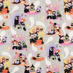 May include: A repeating pattern of witches in black dresses and pointy hats, with green and pink accents, gathered around a table with a cauldron and a gift box. The background is a light gray with white ghosts and bats.