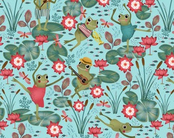 Blank Quilting Frog Fabric - Lake Night Serenade by Bienvenido Collection - Lt. Blue Frogs on Lily Pads - Cotton Fabric - 1 Yard