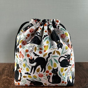 Cat Project Bag - Drawstring Bag – Knitting Bag – Crochet Bag - Cross Stitch Bag - Bingo Bag - Skull - Goth - Gothic - Halloween - Black Cat