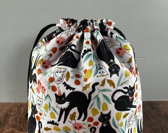 Bolsa para proyectos de gato - Bolsa con cordón - Bolsa para tejer - Bolsa de ganchillo - Bolsa para punto de cruz - Bolsa de bingo - Calavera - Gótico - Halloween - Gato negro